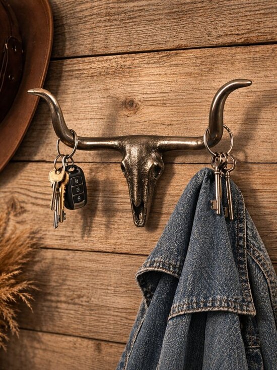 None Other - Cast Metal Longhorn Steer Skull Wall Hook Western Rustic Decor Vintage 6"